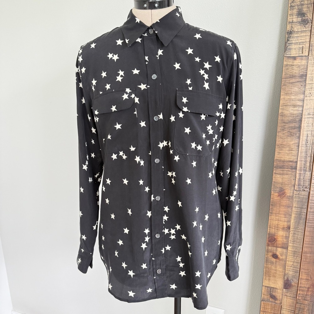 Equipment Femme Star Print Black Silk Long Sleeve Button Down Shirt‎
